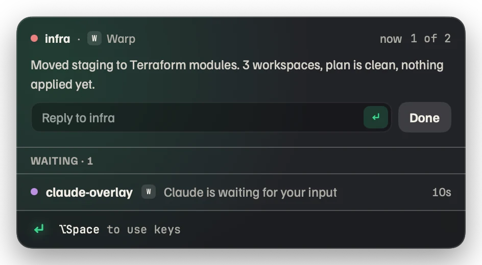 Beckon panel: infra finished moving staging to Terraform modules, with a reply field and a Done button