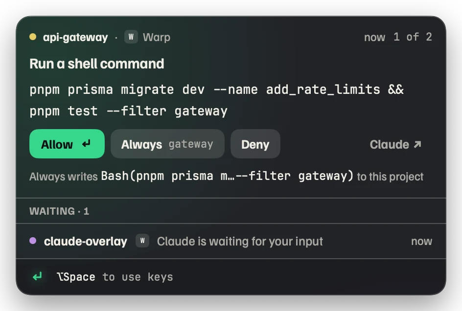 Beckon panel: api-gateway in Warp wants to run pnpm prisma migrate, with Allow, Always and Deny buttons and one item waiting