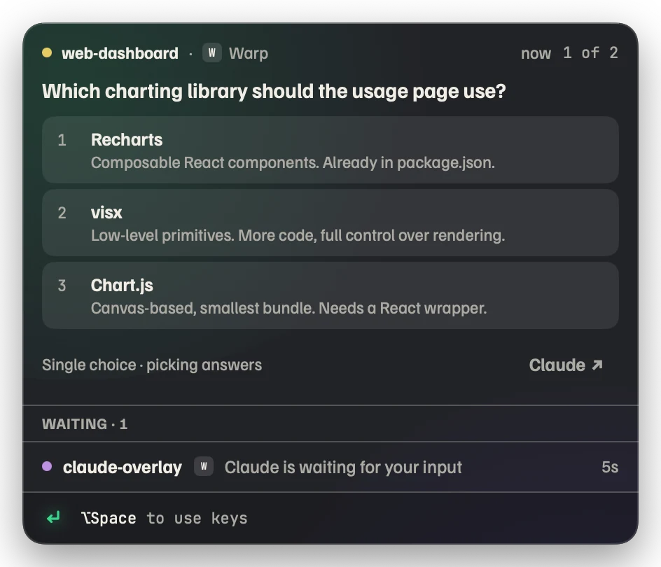 Beckon panel: web-dashboard asks which charting library the usage page should use, with three numbered options